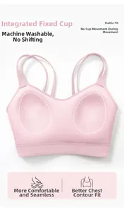 Detail of pink sports bra featuring fixed cups and breathable high-stretch fabric