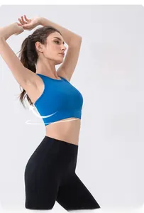 Close-up of bright blue high-impact sports bra with wide straps and elastic lycra fabric