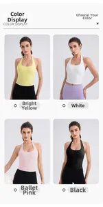 Halter yoga tank tops displayed in four colors including yellow, white, pink and black