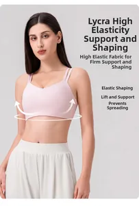 Detail of light pink Lycra yoga bra showing seamless edges and elastic thin shoulder straps