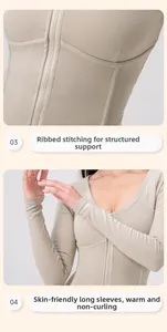 Dettaglio delle cuciture a corsetto e zip sulla maglia da yoga beige a maniche lunghe