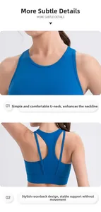 Detailed view of U-neck and racerback design on high-impact blue yoga sports bra