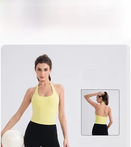 Detailed view of yellow halter sports tank top with U-neck and open back design