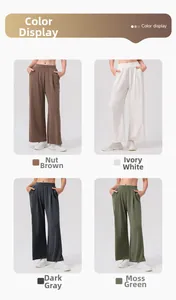 Color options showing nut brown, ivory white, deep gray, and moss green wide leg pants