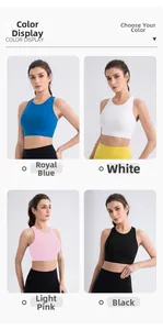 Detailed color display of sports bras in Royal Blue, White, Soft Pink, and Black