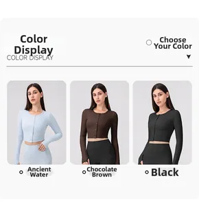 Detailed comparison of ribbed long sleeve yoga cardigans in blue, brown and black colors