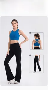Royal blue sports bra paired with black high-waisted flare leggings for fitness