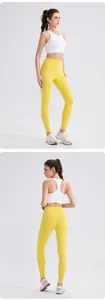Front and back views of a white racerback yoga bra and yellow high-waisted leggings