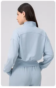 Detailed back view of light blue sports jacket with stand collar and paneled design