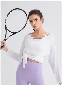 Detail of modal yoga top with waist knot design and breathable quick-dry fabric