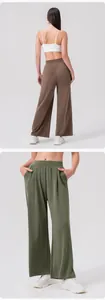 Detail of high-waist wide-leg lounge pants in coffee brown and army green colors