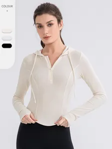 Women's Slim Fit Yoga Hoodie Half Zipper Long Sleeve Ribbed Sport Top With Thumbholes Breathable Workout Running Sweatshirt