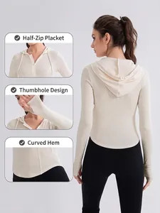 Slim fit hooded yoga top with half-zipper, thumbholes and curved hem in off-white fabric