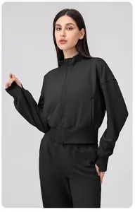 Women's black sport set with zip-up stand collar jacket and loose high-waist pants