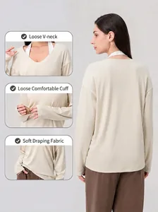 Damen V-Ausschnitt Langarm Yoga Oberteil in weichem Apricot und lockerer Passform