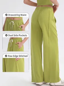 Pantalón de yoga de pierna ancha cintura alta verde salvia con cordón y costura cruda