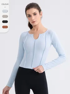T-Shirt Décontracté Sportif pour Femmes en Tricot Côtelé Manches Longues Respirant Coupe Ajustée Pullover Top pour Entraînement Yoga