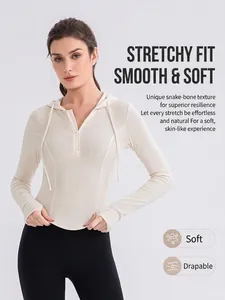 Slim fit hooded yoga top for women with unique snake bone texture in creamy white color