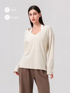 Damen V-Ausschnitt Langarm Yoga Oberteil in Beige, weich fließend für Sport und Freizeit
