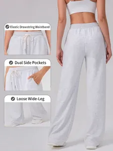 Pantalon de yoga gris clair à taille haute, jambe large et cordon de serrage élastique