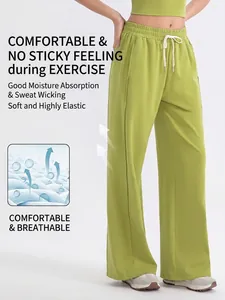 Pantalón de yoga de pierna ancha y talle alto para mujer en verde hierba con cordón y transpirable