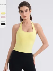 Women Halter Neck Yoga Tank Top Naked Feeling Padded Backless Sports Crop Top Quick Dry Breathable Fitness Running Workout Shirt