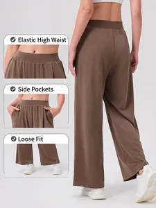 Women brown high waist loose wide leg yoga pants with side pockets and straight fit