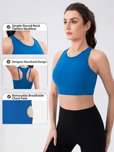 Blue high-impact Lycra yoga bra with racerback design and removable pads for running