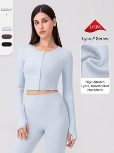 Women Long Sleeve Yoga Top Button Cardigan Slim Fit Cropped Athletic Shirt With Thumb Holes Running Fitness Top