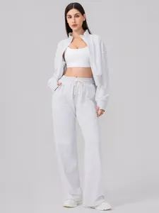 Women's 3-piece athletic set with stand collar zip hoodie and wide-leg sweatpants