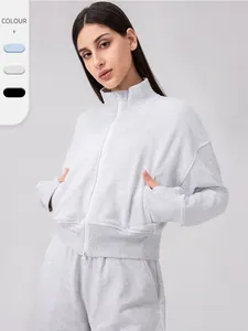 Women Sport Jacket Stand Collar Cotton Blend Full Zip Athletic Running Top With Thumbholes Loose Fitness Workout Outerwear