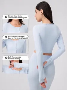 Light blue Lycra yoga set featuring long sleeve button cardigan and high waist leggings