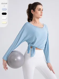 Women's Modal Yoga Long Sleeve Top Loose Breathable Fitness Workout T-Shirt With Side Slit Knot Cut-Out Neckline