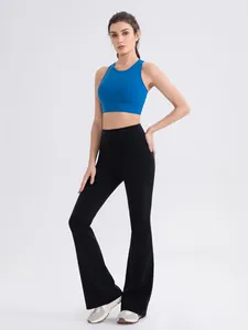 Women's royal blue yoga sports bra and black high waist flare leggings fitness set
