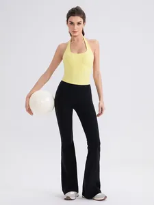 Halter yoga tank top and black high waist leggings set for women's fitness workout