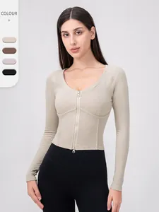 Top da Yoga Aderente a Costine da Donna Con Cerniera Manica Lunga Abbigliamento Sportivo Foderato in Pile Top