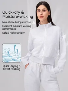 Women loose yoga jacket and joggers set in grey quick-dry fabric for gym workouts