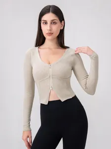 Top sportivo aderente kaki a maniche lunghe con doppia cerniera e scollo a V donna