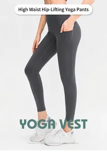 Detail showing high waist design and side pocket on charcoal gray yoga leggings