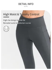 Detail shot of charcoal grey high-waisted yoga pants with functional side pockets