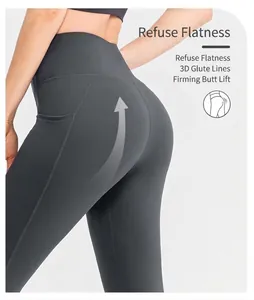 Detailed macro shot of high-waisted gray yoga pants featuring side pockets and shaping seams