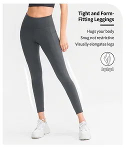 Detailed view of dark grey yoga pants featuring side pockets and high-stretch fabric