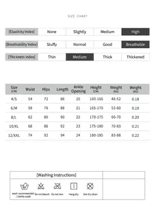 Detailed size guide for high-waisted yoga leggings showing measurements from S to XXL