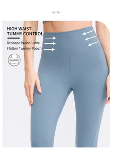 Detail view of high-waisted compression yoga pants showing tummy control shaping effect