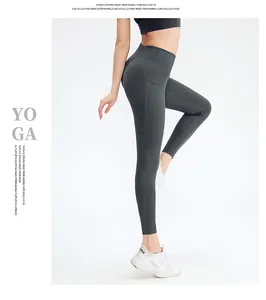 Detail view of high waist yoga leggings with side pocket and compression fabric