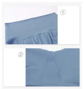 Detailed view of elastic wide high waistband and reinforced triangle crotch on yoga pants