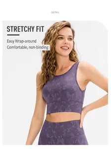 Detail showing elastic purple camo sports bra with wide support band for yoga