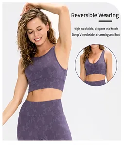 Detail showing reversible camouflage sports bra with round neck and deep V-neck options