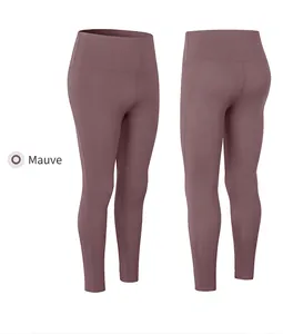 Front and back view of high-waist yoga leggings in deep mauve with tummy control