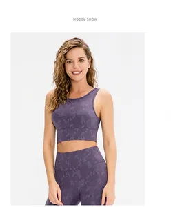 Detail view of purple camouflage jacquard pattern on high-waist yoga set fabric